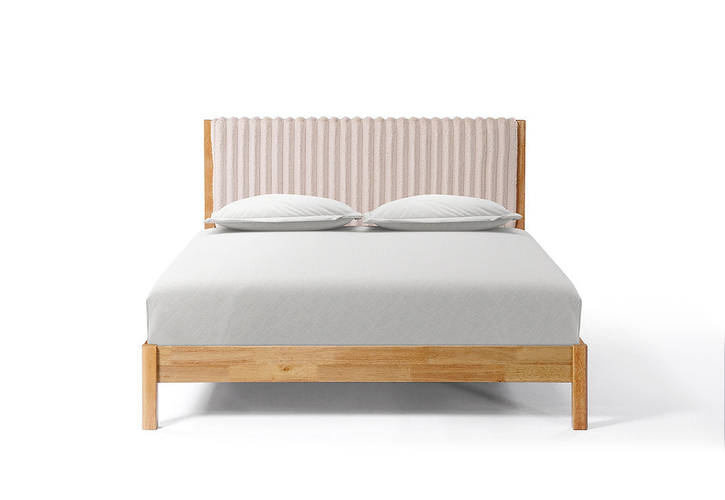 Natural Wood Platform Bed with Velvet Channel Headboard-I5598