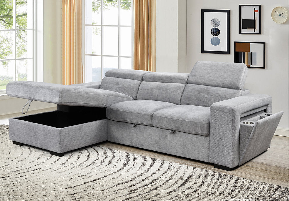 Convertible Sofa Bed Sectional with Storage Chaise & Charging Station-I9080(81)