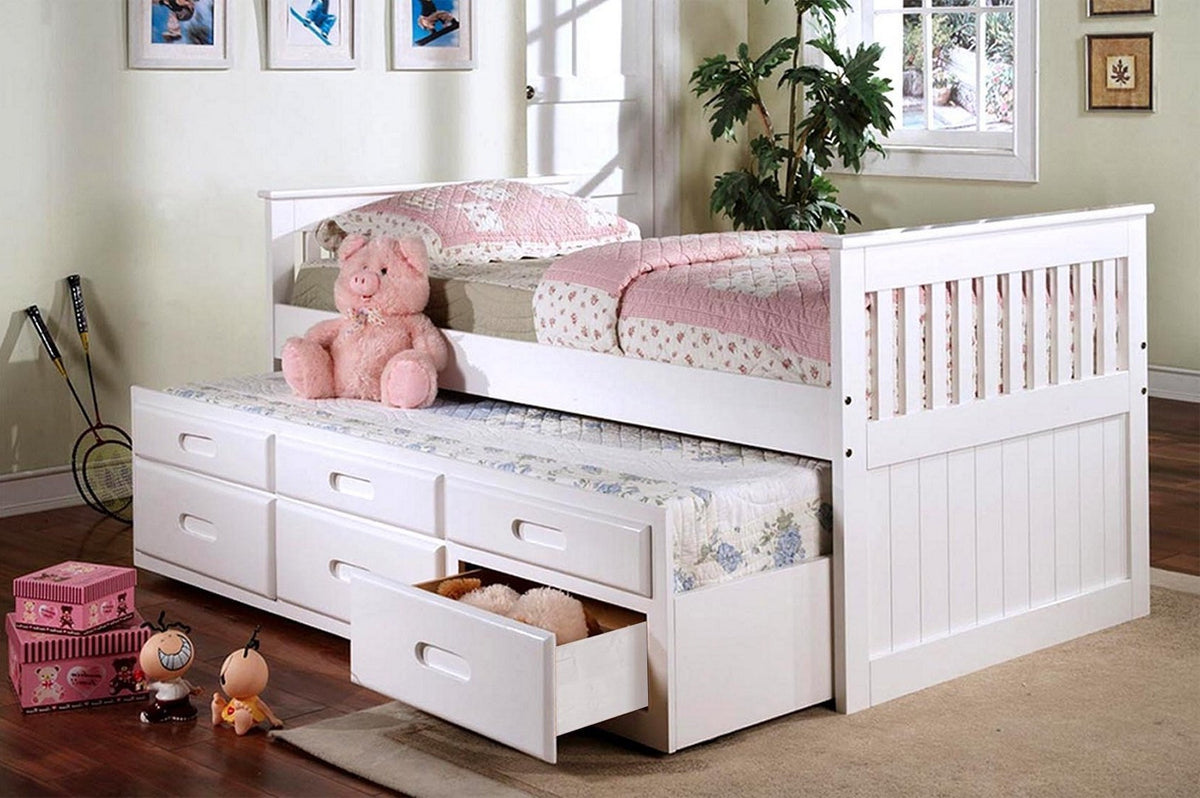 Single Captain Bed with Pull-Out Trundle & 3 Storage Drawers-I314