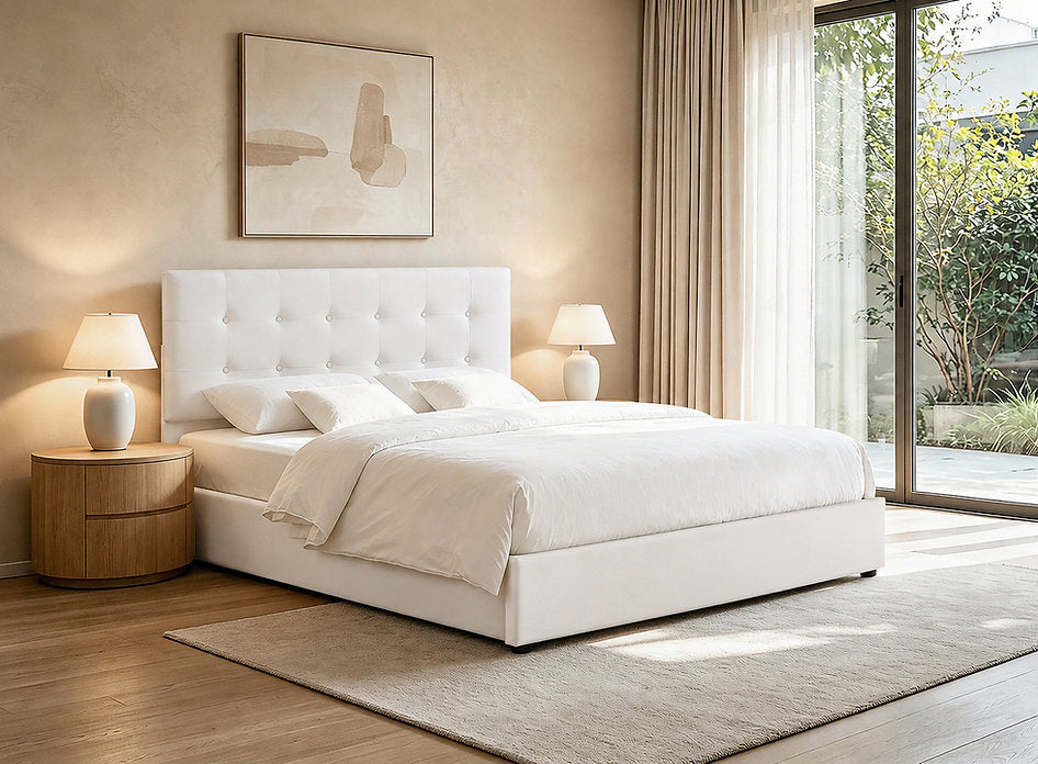 Cream Upholstered Storage Bed with Hydraulic Lift-Up Storage-I5446