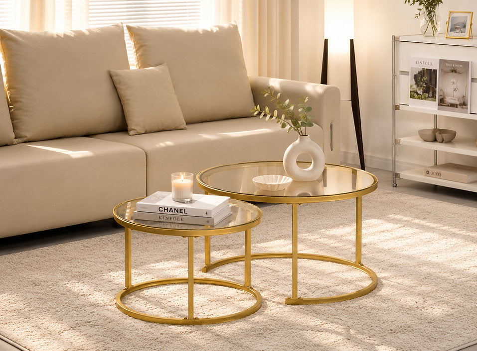 Modern Gold Round Glass Nesting Coffee Tables –I2612