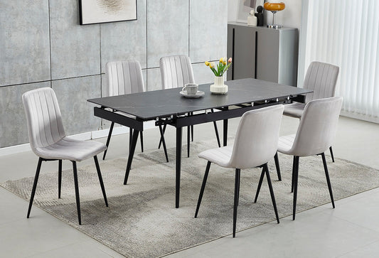Extendable Sintered Stone Dining Table Set with Grey Velvet Chairs-I1472