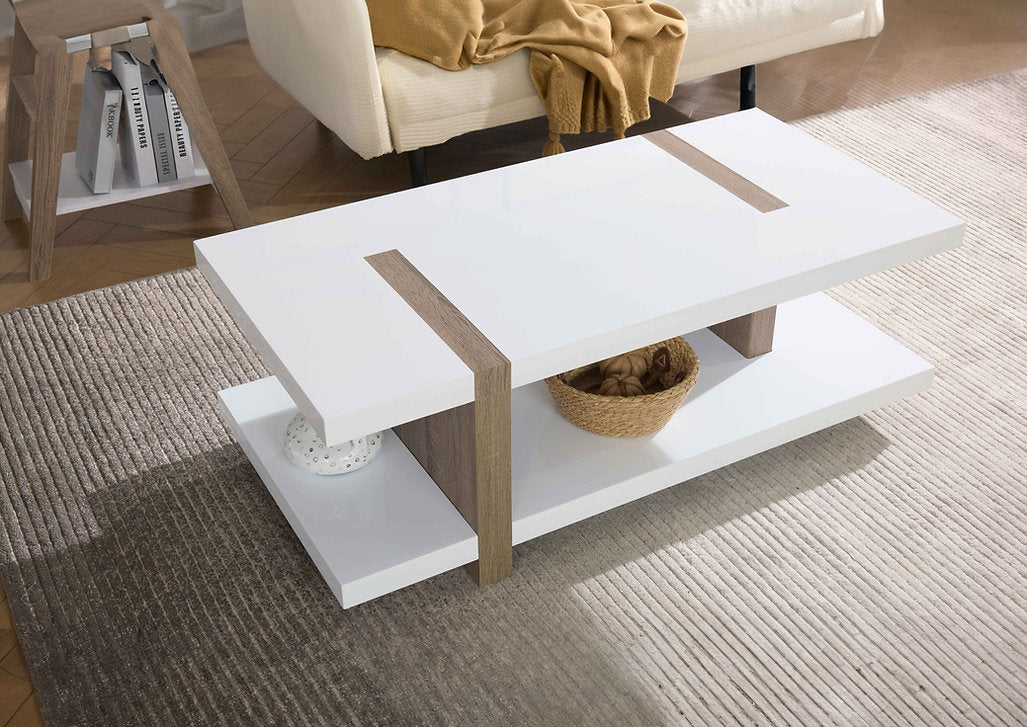 Modern White Coffee Table with Natural Wood Accents – Clean Contemporary Style-I3530