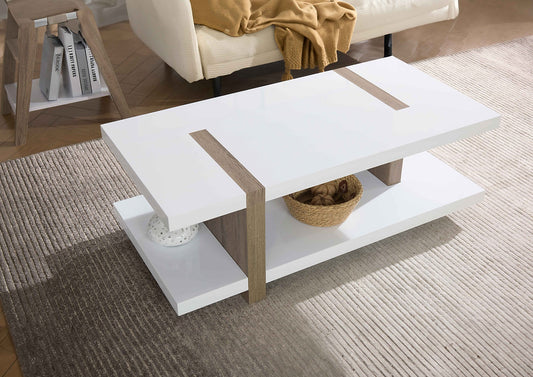 Modern White Coffee Table with Natural Wood Accents – Clean Contemporary Style-I3530