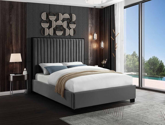 Modern Grey Velvet Platform Bed with Channel Tufted Headboard-I5545