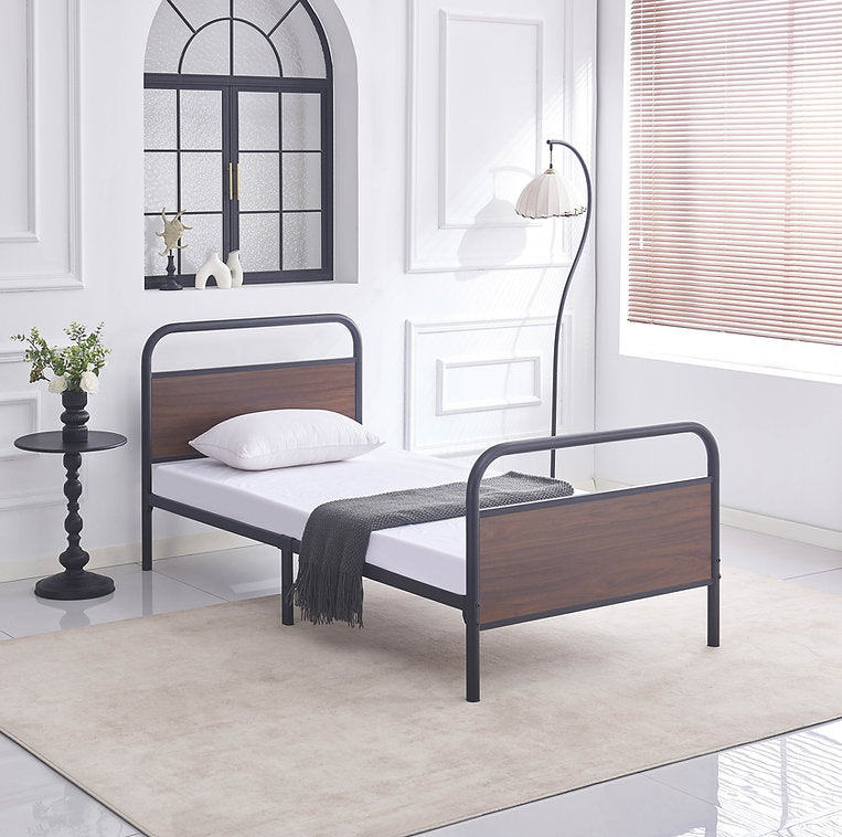 Modern Industrial Metal Bed with Wood Panel Accents-I5255