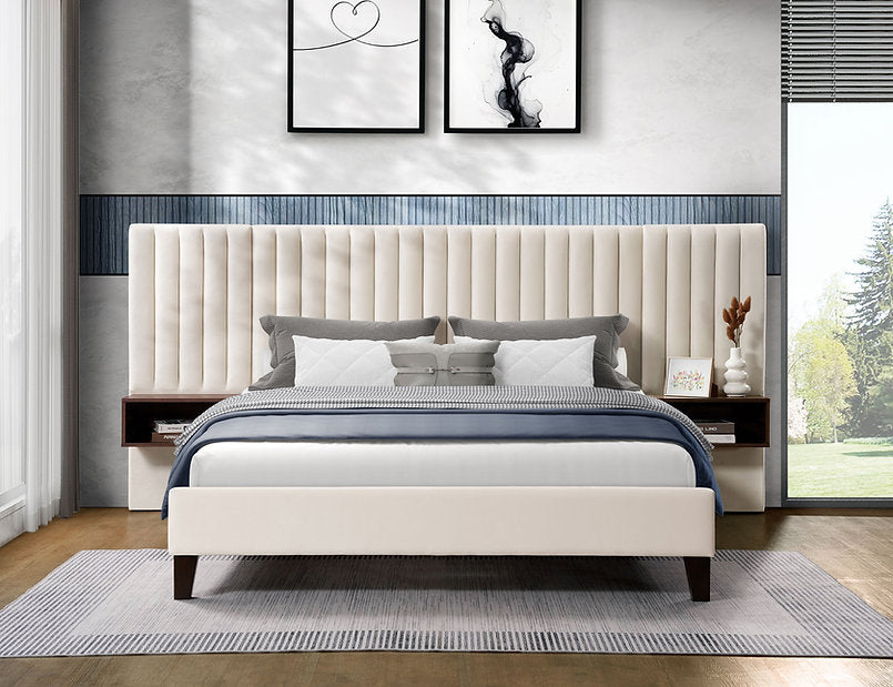 Velvet Platform Bed with Floating Nightstands & Channel Tufted Headboard |I5560