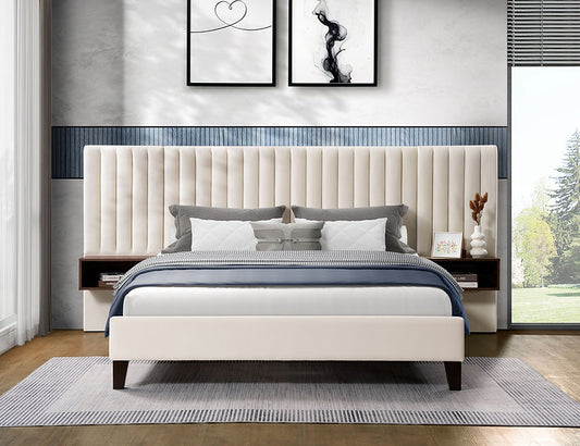 Velvet Platform Bed with Floating Nightstands & Channel Tufted Headboard |I5560