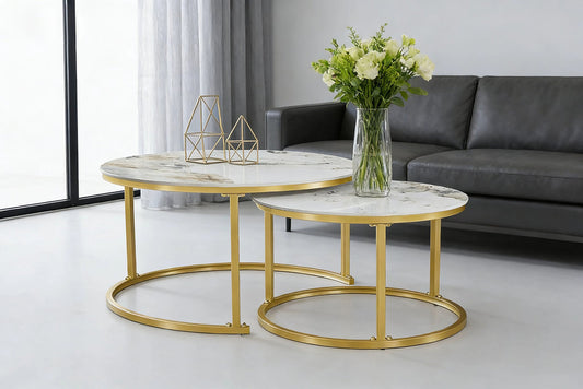Modern 2-Piece Nesting Coffee Table Set – Pandora Sintered Stone Top with Gold Steel Base-I2632