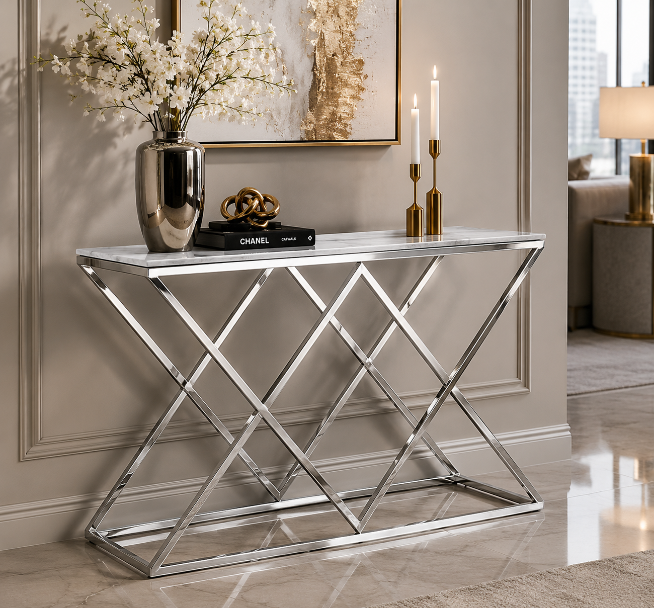 Modern White Marble Glass Sofa Table with Chrome Geometric Base-I2363