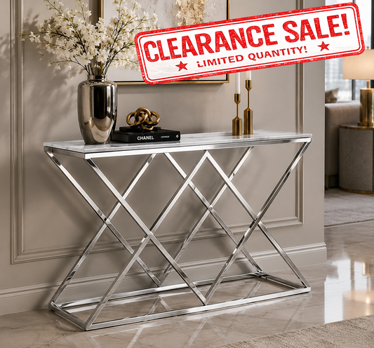 Modern White Marble Glass Sofa Table with Chrome Geometric Base-I2363