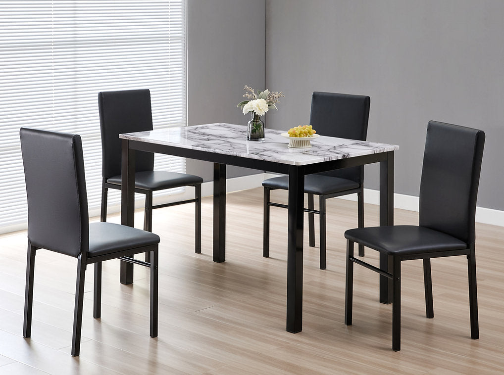 5-Piece Faux Marble Dining Table Set with Black PU Chairs – Modern Dinette Set-I1056