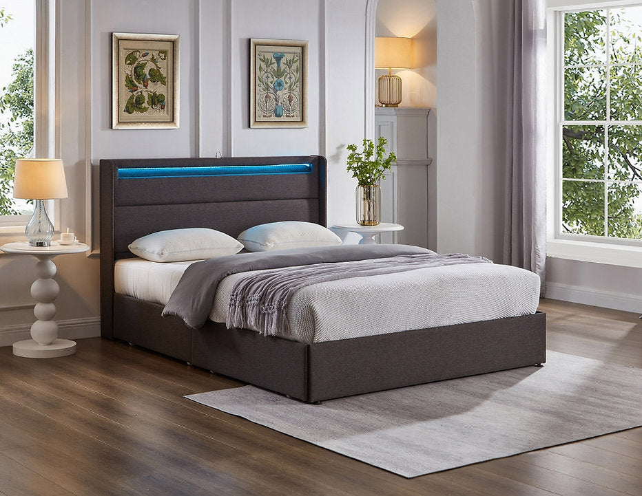 Grey Upholstered Storage Platform Bed with 4 Drawers-I5343