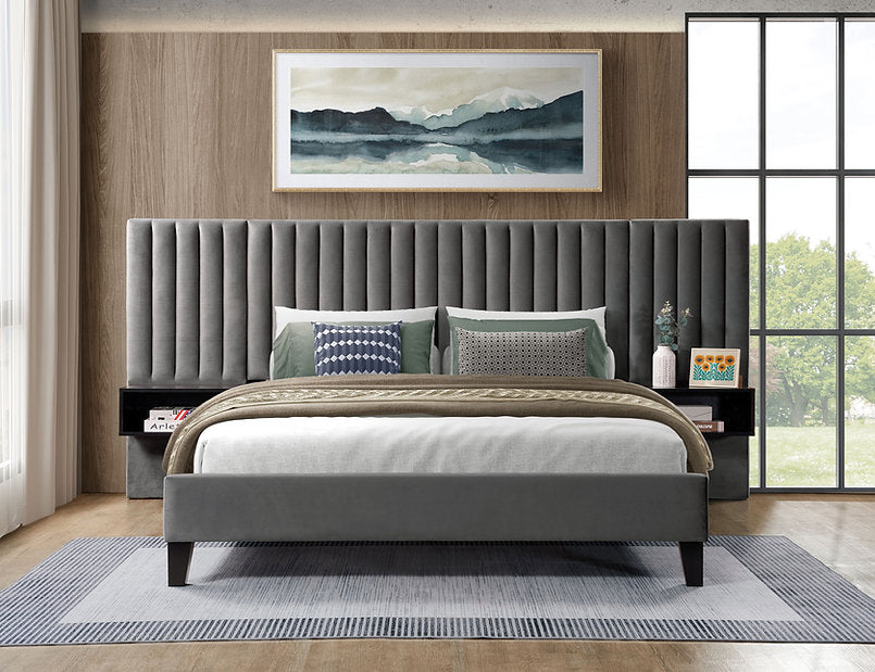 Velvet Platform Bed with Floating Nightstands & Channel Tufted Headboard |I5560