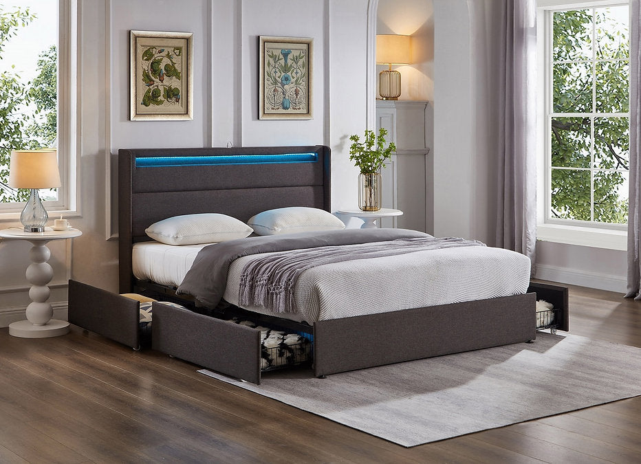Grey Upholstered Storage Platform Bed with 4 Drawers-I5343