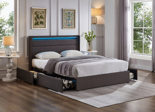 Grey Upholstered Storage Platform Bed with 4 Drawers-I5343