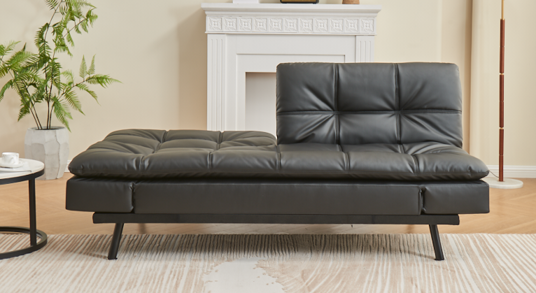 Modern Black PU Leather Sofa Bed with Adjustable Armrests & Memory Foam-I8050