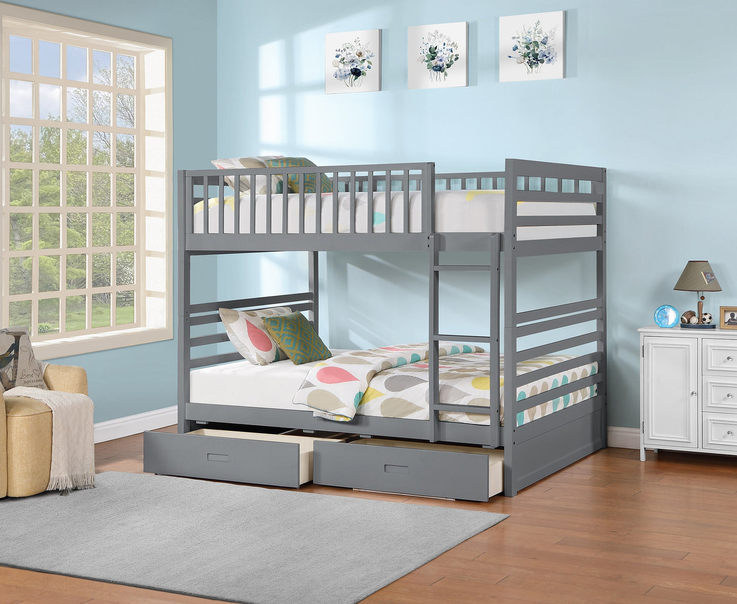 Double/Double Solid Wood Bunk Bed with 2 Storage Drawers-I115