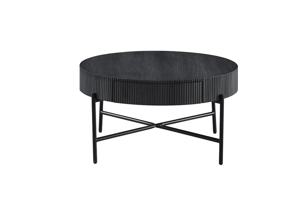 Matte Black Round Coffee Table with Hidden Storage Drawer & Ribbed Detail-I3212