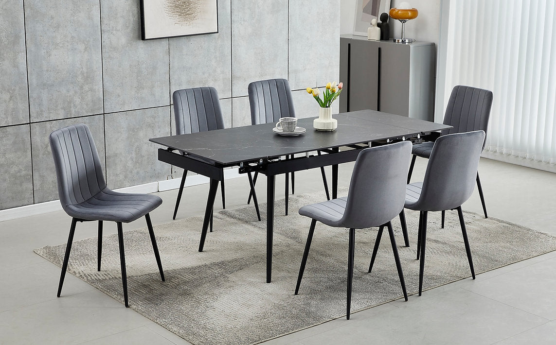 Extendable Sintered Stone Dining Table Set with Grey Velvet Chairs-I1472