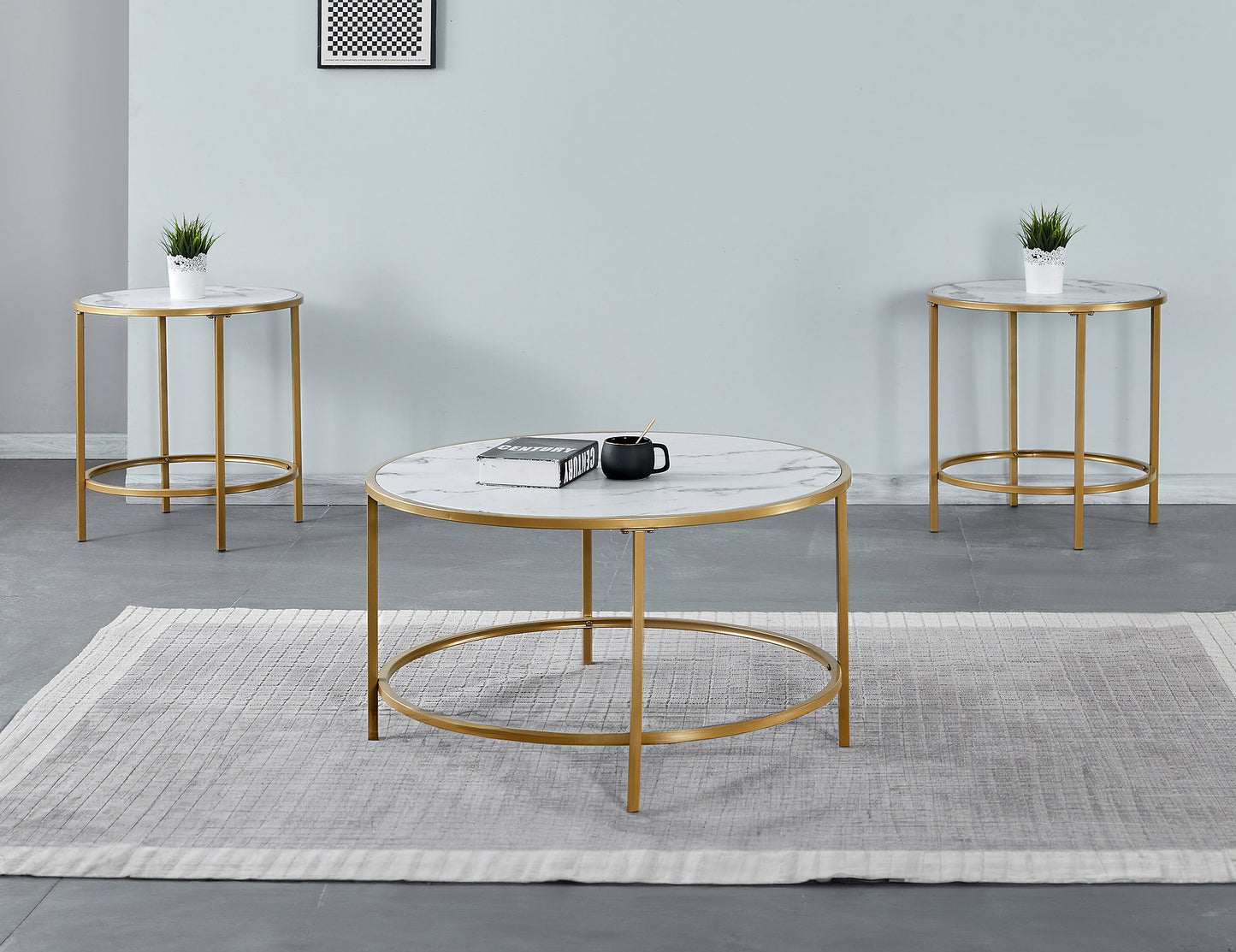 Modern Gold Marble Coffee Table & End Table – Faux Marble Top with Metal Base-I2654