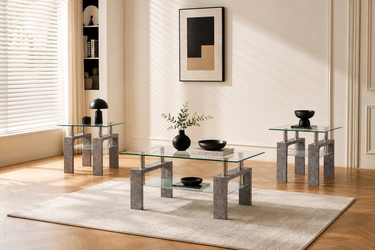 Glass Coffee Table & End Table Collection with Grey Faux Marble Legs-I2061