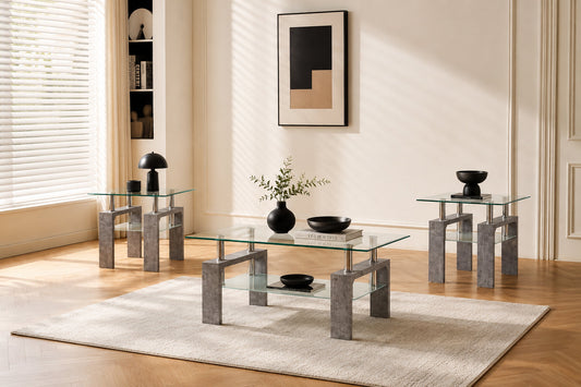 Glass Coffee Table & End Table Collection with Grey Faux Marble Legs-I2061