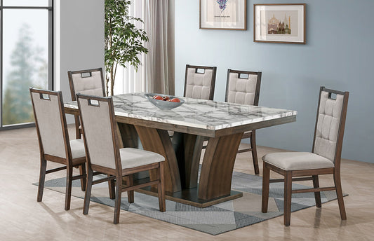 Rustic Brown 7-Piece Dining Set – Rubber Wood Table with Faux Marble Top-I1620