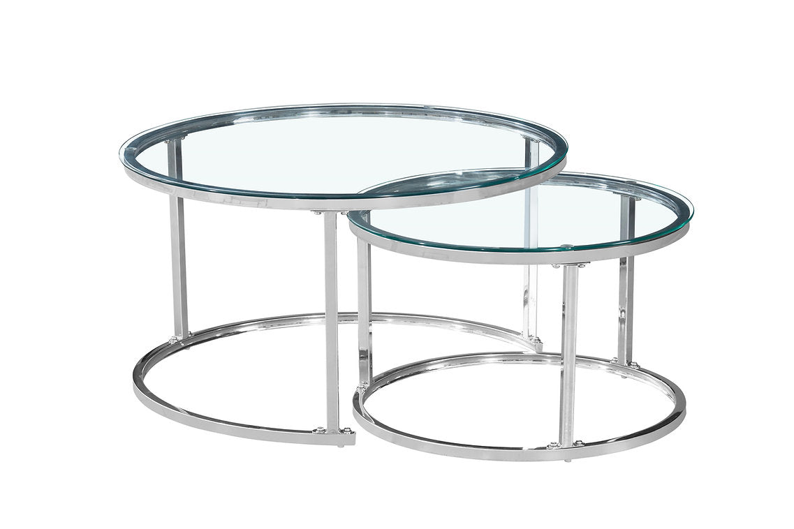 Modern Round Glass Nesting Coffee Tables – Set of 2 with Chrome Steel Frame -I2610