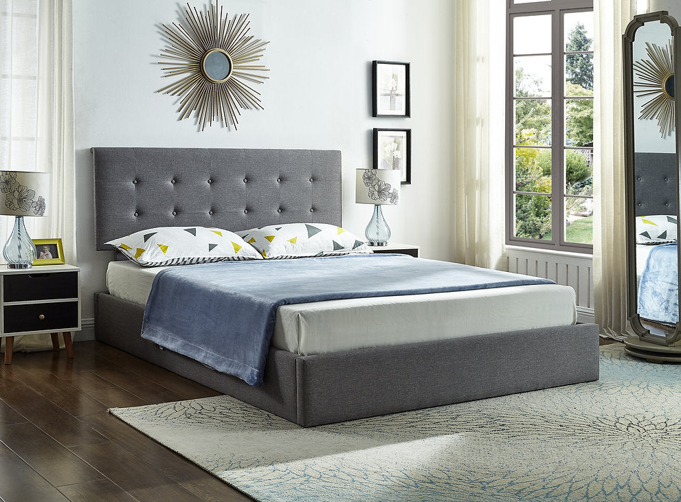Grey Fabric Hydraulic Lift-Up Storage Bed with Tufted Headboard |I5445