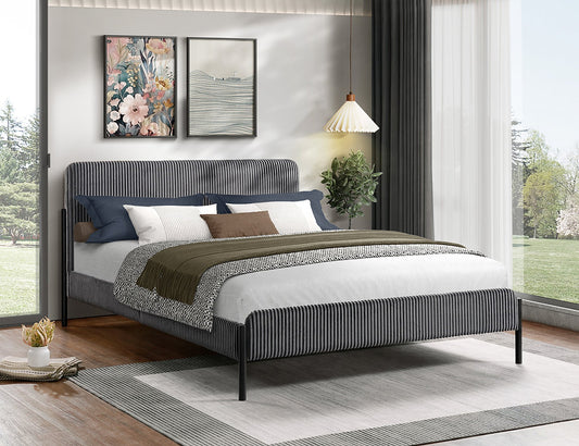 Grey Corduroy Channel-Tufted Platform Bed-I5587