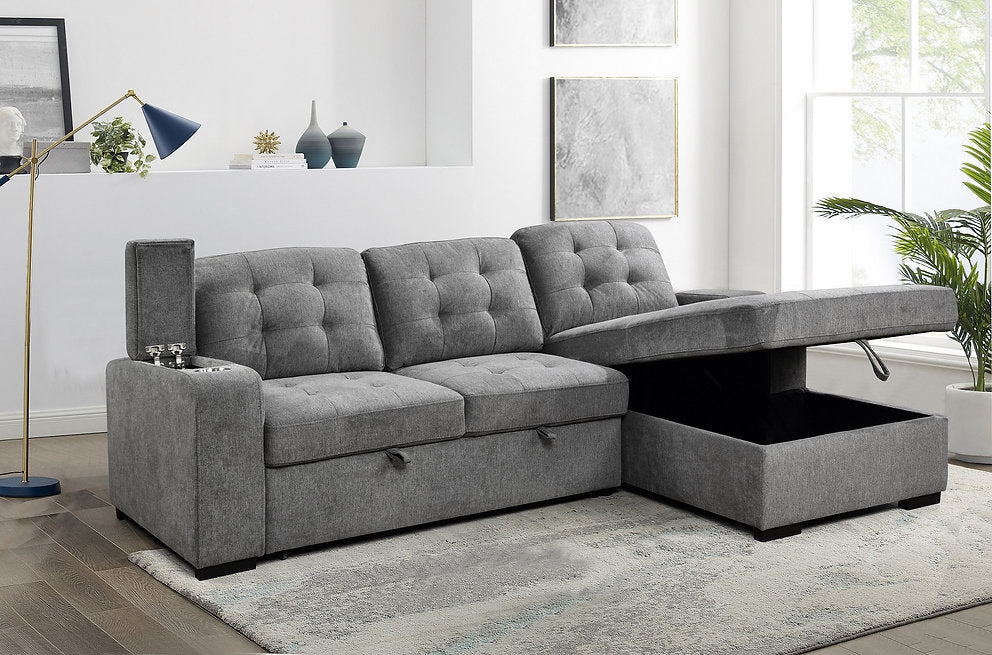 Pull-Out Sofa Bed Sectional with Storage Chaise & Cup Holders-I9050(1)