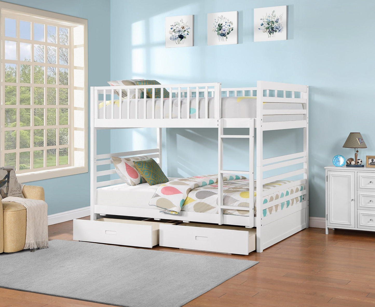 Double/Double Solid Wood Bunk Bed with 2 Storage Drawers-I115