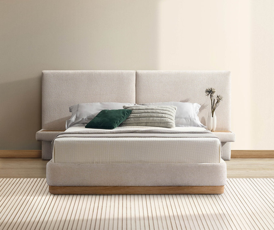 Warm Ivory Upholstered Platform Bed with Floating Nightstands & Oak Accent Base –I5927
