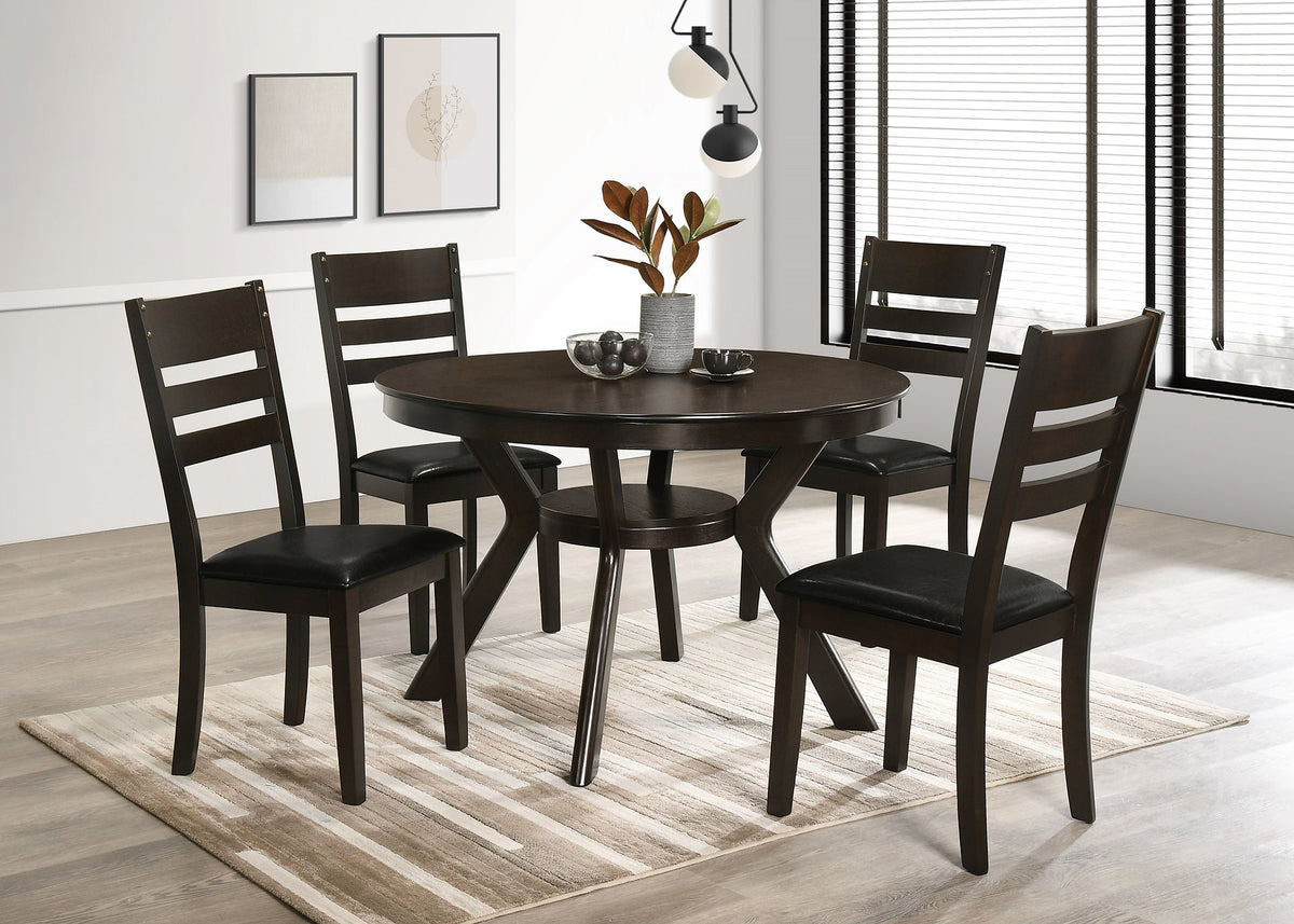 5-Piece 48" Round Dining Set with Storage Shelf & PU Upholstered Chairs – Espresso | I1085 C1091