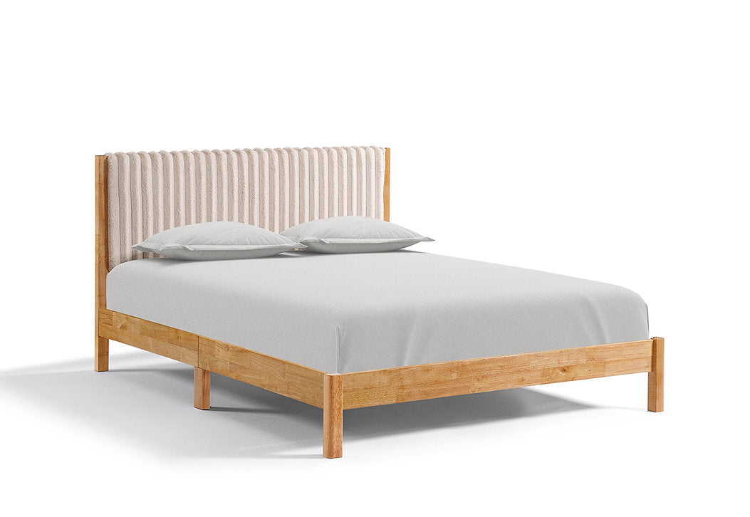 Natural Wood Platform Bed with Velvet Channel Headboard-I5598