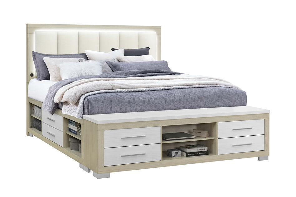 Emma Natural Bedroom Collection with LED Headboard, USB Charging & Storage Bed-Emma (Natural-White)