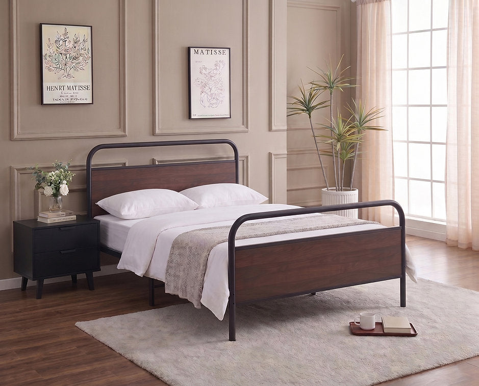 Modern Industrial Metal Bed with Wood Panel Accents-I5255