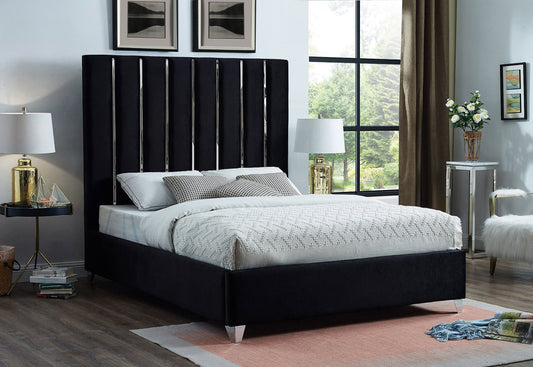 Velvet Black Bed with Chrome Channel Tufted Headboard – I5621