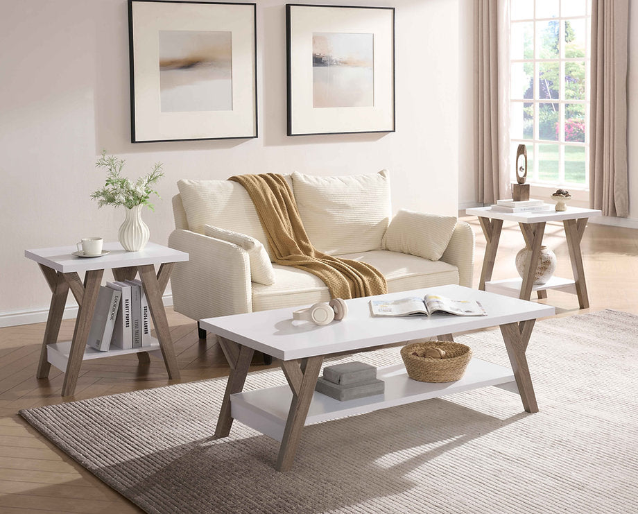 Modern 3-Piece Coffee Table Set – White Wooden Top with Natural Legs-I3506