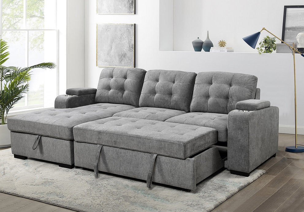 Pull-Out Sofa Bed Sectional with Storage Chaise & Cup Holders-I9050(1)