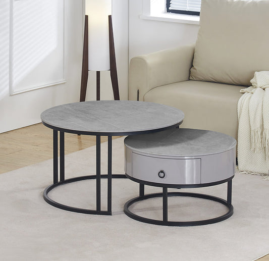 Modern 2-Piece Nesting Coffee Table Set – Armani Grey Stone Top with Storage-I2668