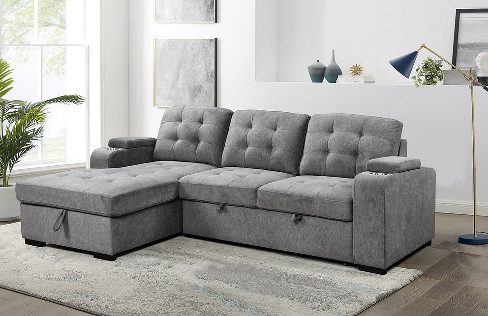 Pull-Out Sofa Bed Sectional with Storage Chaise & Cup Holders-I9050(1)