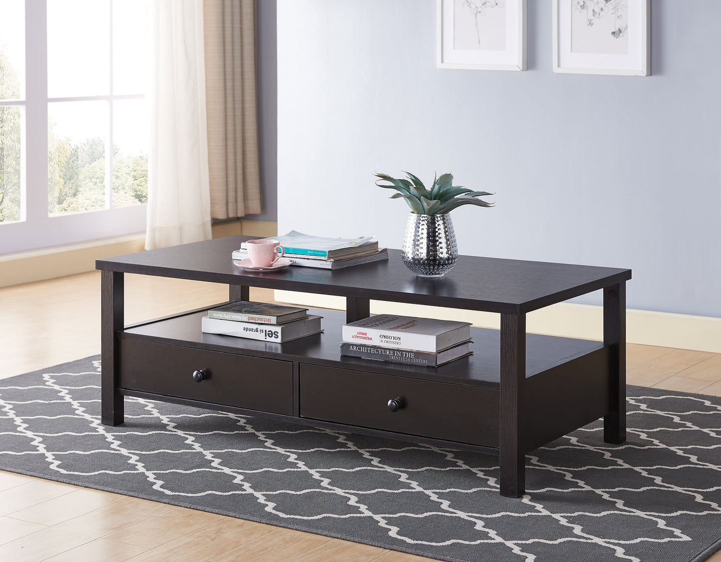 Modern Coffee Table with Storage Drawers & Shelf-I3220