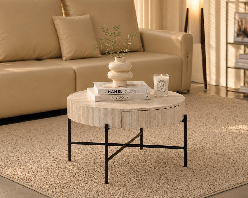 Modern Round Coffee Table with Hidden Storage – Beige Travertine-Look-I3210
