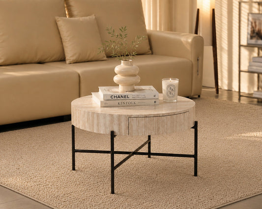 Modern Round Coffee Table with Hidden Storage – Beige Travertine-Look-I3210