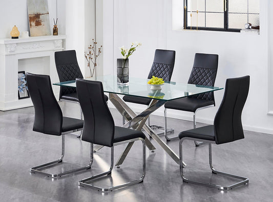 7pc Modern Glass Dining Table Set with PU Chairs-I1448