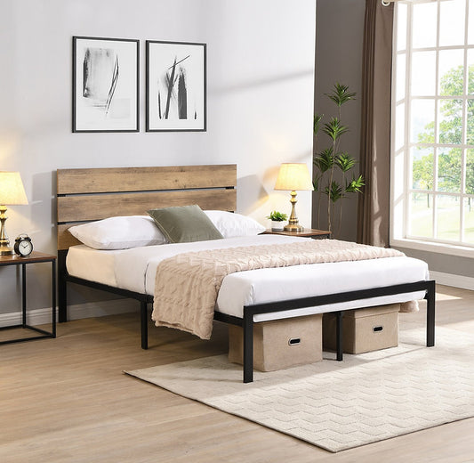 Rustic Metal Platform Bed Frame with Wood Headboard-I5247