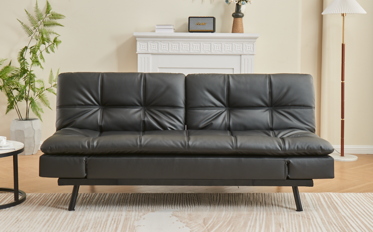 Modern Black PU Leather Sofa Bed with Adjustable Armrests & Memory Foam-I8050
