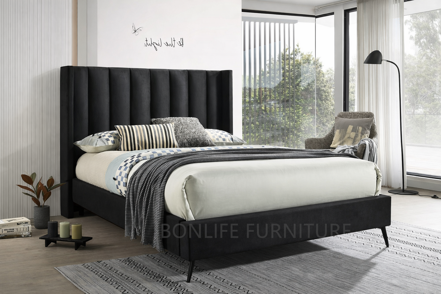 Black Velvet Wingback Platform Bed with Vertical Tufted Headboard-I5231